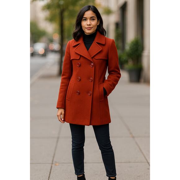 Kate Spade Wool Blend Coat Rust Double Breasted Peacoat Size S Missing Belt - Picture 1 of 16